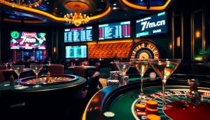Exciting casino scene featuring 7m.cn scores on digital displays amidst luxury gambling tables.