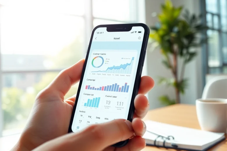 Engage with mobile CRM features on a smartphone in a professional office environment.