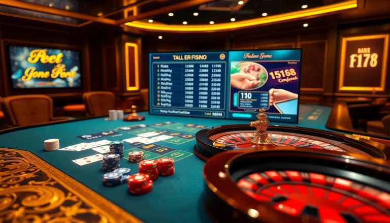 Experience the excitement with เจ้ามือรับแทง F168, showcasing a vibrant casino table filled with chips and cards.