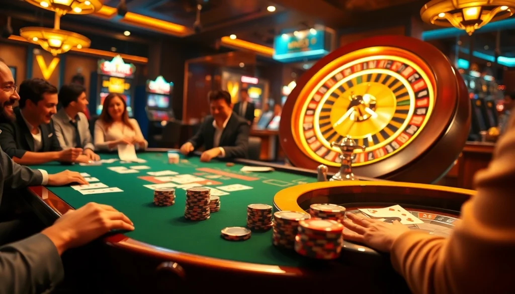 MM88's thrilling casino action featuring a lively poker table and spinning roulette wheel.