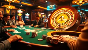 MM88's thrilling casino action featuring a lively poker table and spinning roulette wheel.