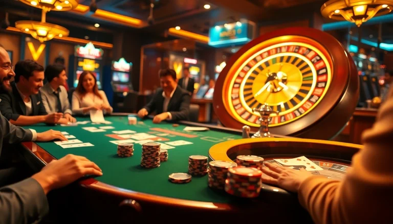 MM88's thrilling casino action featuring a lively poker table and spinning roulette wheel.