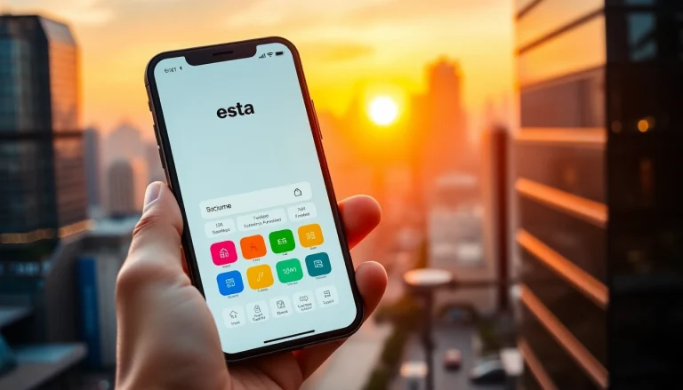Access the esta application interface on a smartphone against a city skyline during sunset.