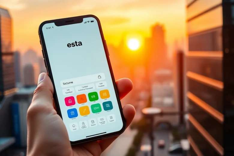 Access the esta application interface on a smartphone against a city skyline during sunset.