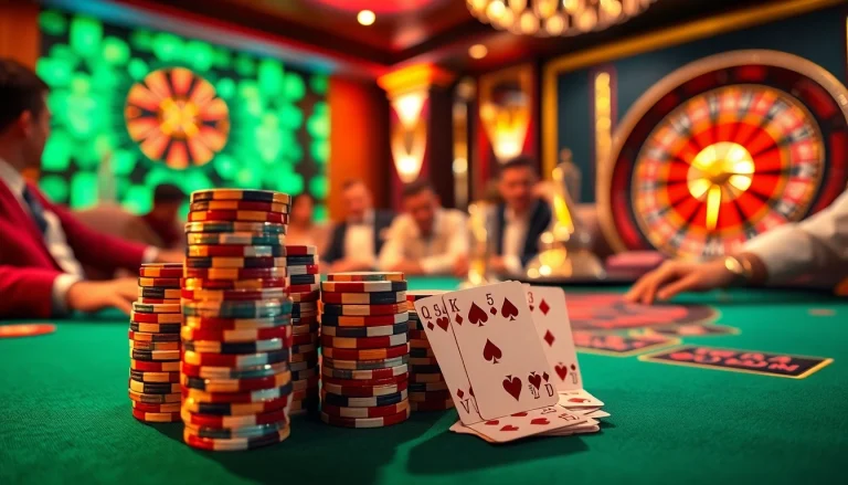 Players strategizing at an elegant poker table with chips and cards on https://www.ph22211.com/. Exciting casino atmosphere.