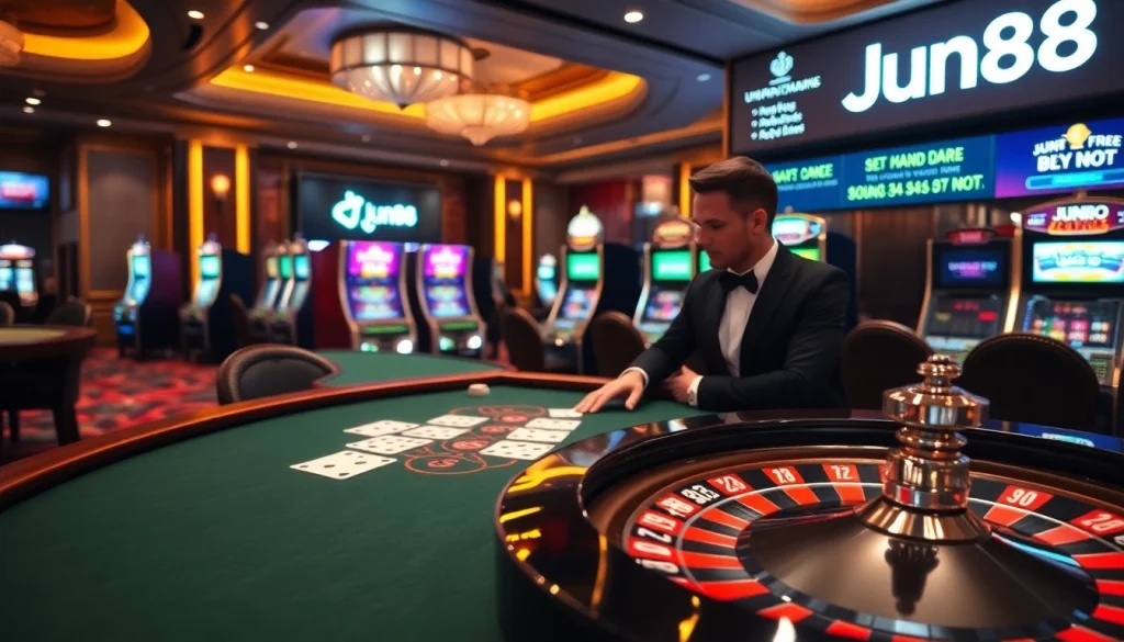 Experience the thrilling games at Jun88 casino with elegant tables and vibrant slot machines.