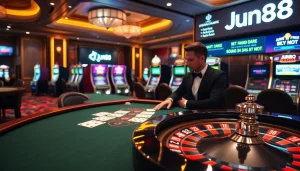 Experience the thrilling games at Jun88 casino with elegant tables and vibrant slot machines.