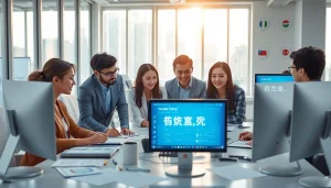 Youdao Fanyi interface displayed on modern workspace computers with professionals collaborating.