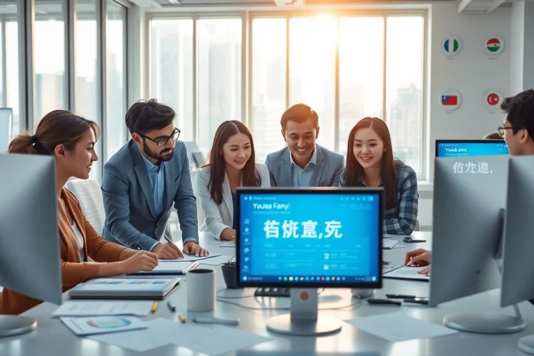 Youdao Fanyi interface displayed on modern workspace computers with professionals collaborating.