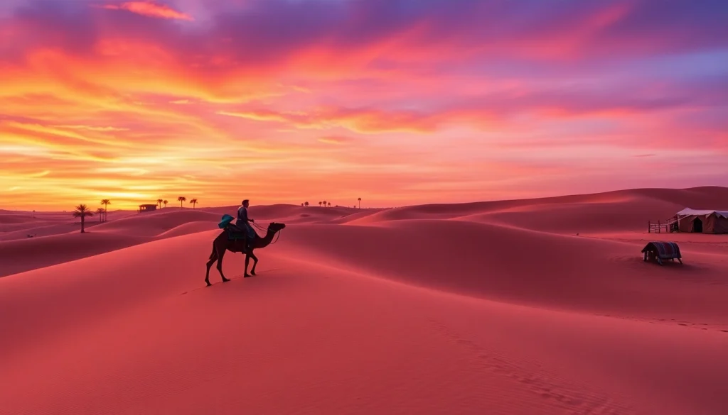Agafay Desert camel ride at sunset showcasing vibrant dunes and a Berber tent.