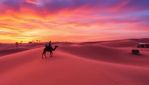 Agafay Desert camel ride at sunset showcasing vibrant dunes and a Berber tent.