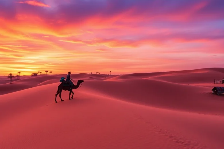Agafay Desert camel ride at sunset showcasing vibrant dunes and a Berber tent.