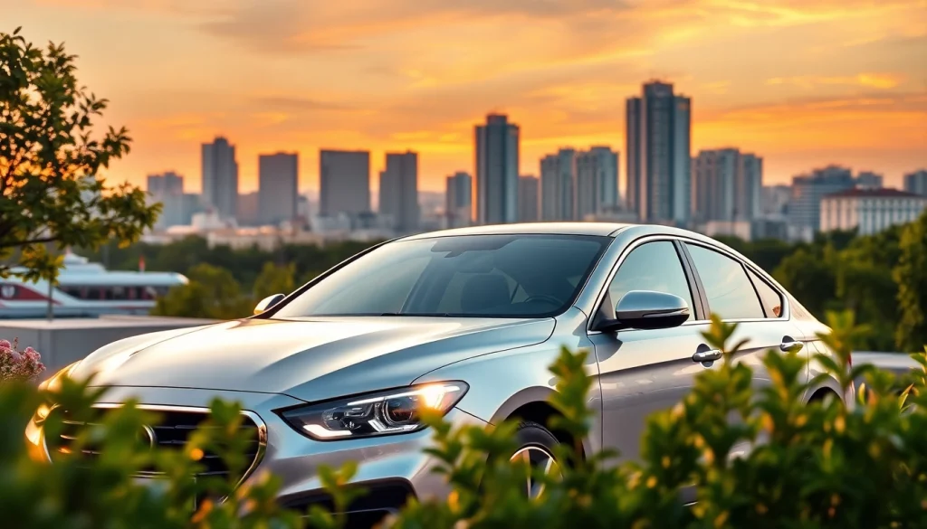 Chirie auto ieftin: Modern car rental in Chișinău with a vibrant cityscape background.