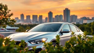 Chirie auto ieftin: Modern car rental in Chișinău with a vibrant cityscape background.