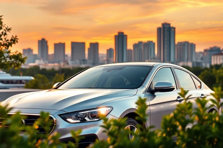 Chirie auto ieftin: Modern car rental in Chișinău with a vibrant cityscape background.