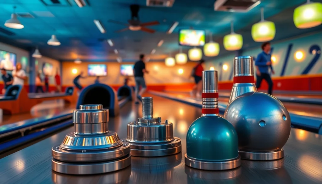 Bowling parts for Brunswick showcased in a vibrant bowling alley setting with detailed machine components.