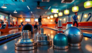 Bowling parts for Brunswick showcased in a vibrant bowling alley setting with detailed machine components.