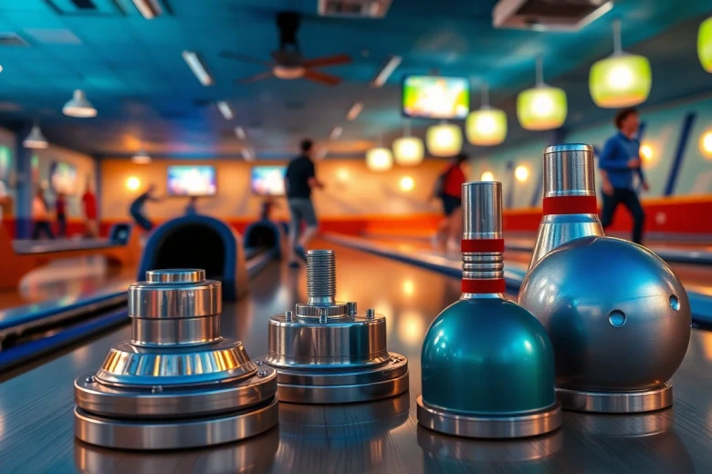 Bowling parts for Brunswick showcased in a vibrant bowling alley setting with detailed machine components.