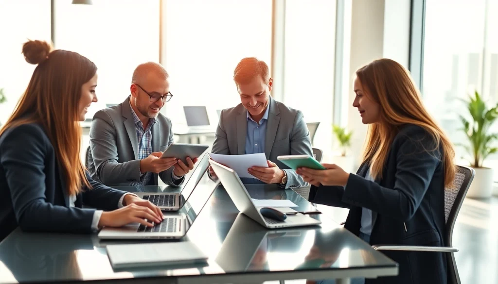 WPS官网下载: Modern office scene highlighting collaboration using WPS Office software with diverse professionals.