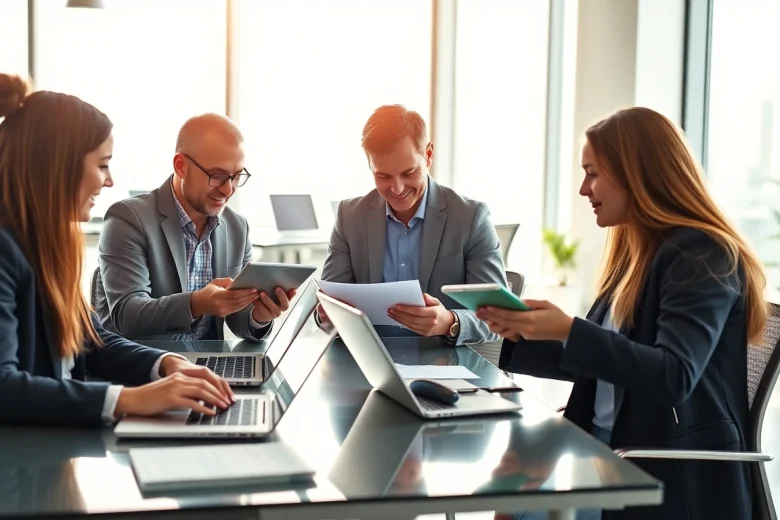 WPS官网下载: Modern office scene highlighting collaboration using WPS Office software with diverse professionals.