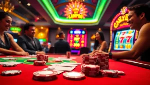 Nohu90 casino table with poker chips and vibrant slot machine represents top gambling options.