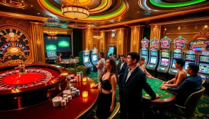 Exciting casino atmosphere at 79king com with poker tables and slot machines.