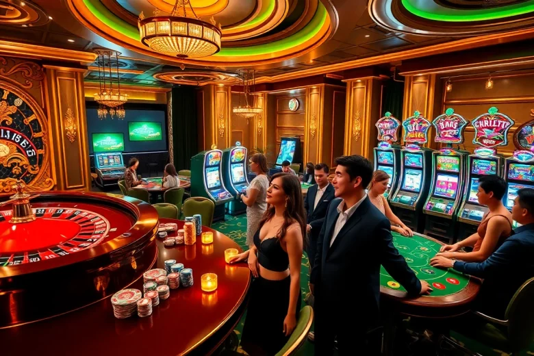 Exciting casino atmosphere at 79king com with poker tables and slot machines.
