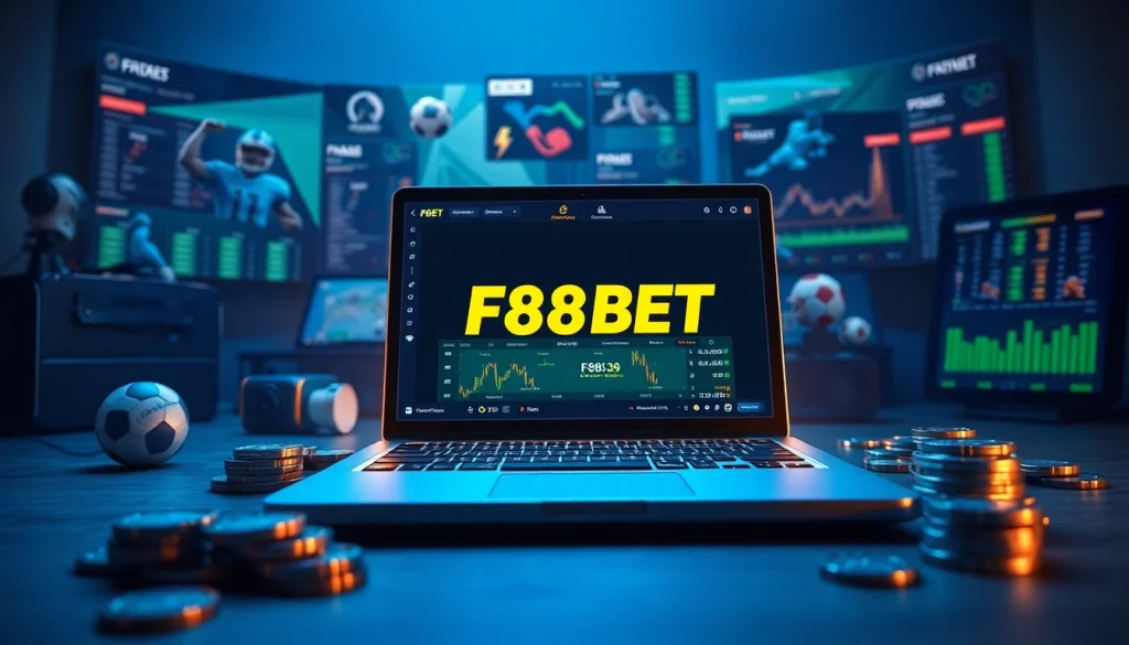 F88BET online betting platform featuring laptop and gaming elements
