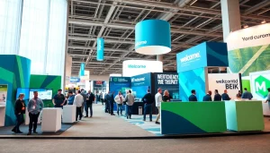 Showcasing a vibrant trade show booth with interactive displays at a bustling event.