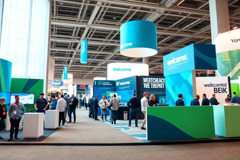 Showcasing a vibrant trade show booth with interactive displays at a bustling event.