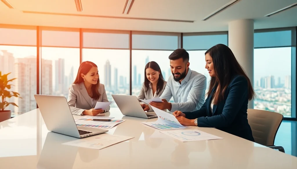 Engaged team discussing finances at a bookkeeping firm in Abu Dhabi, emphasizing professionalism and collaboration.