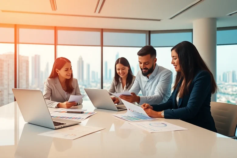 Engaged team discussing finances at a bookkeeping firm in Abu Dhabi, emphasizing professionalism and collaboration.