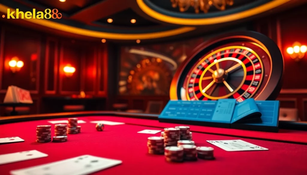 Khela88 offers a dynamic casino environment with cards, roulette, and betting slips for thrilling gameplay.