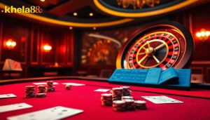 Khela88 offers a dynamic casino environment with cards, roulette, and betting slips for thrilling gameplay.