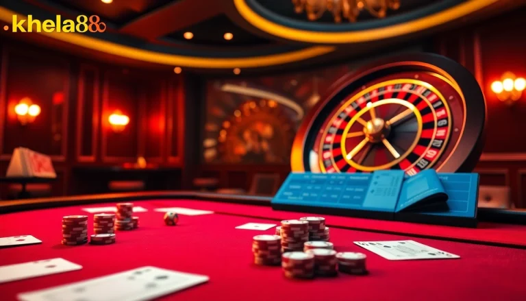 Khela88 offers a dynamic casino environment with cards, roulette, and betting slips for thrilling gameplay.