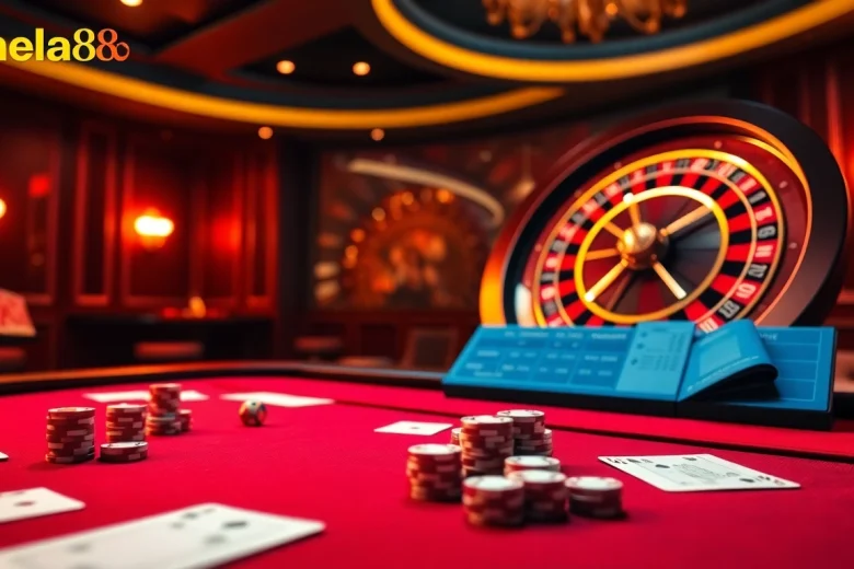 Khela88 offers a dynamic casino environment with cards, roulette, and betting slips for thrilling gameplay.