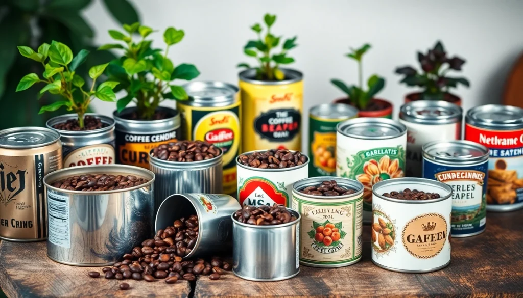 Various coffee tins showcasing vintage and modern designs on a rustic table.