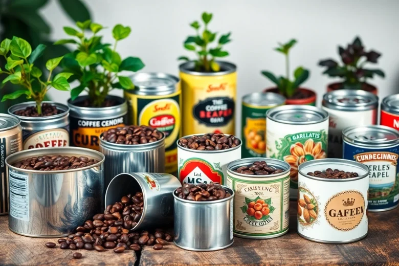 Various coffee tins showcasing vintage and modern designs on a rustic table.