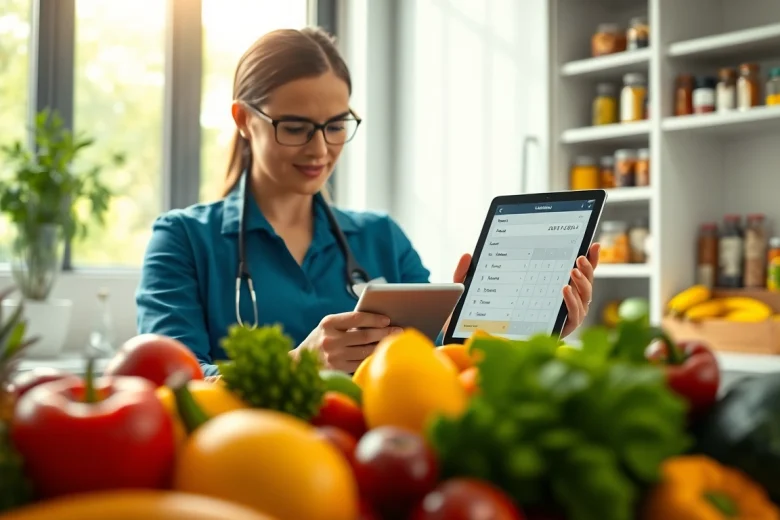 Calculate your daily calorie intake using a digital calorie calculator in a sunny kitchen.