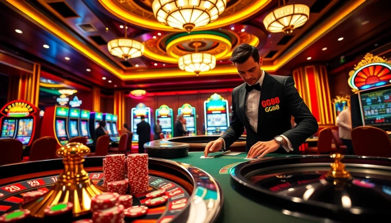 Players enjoying a thrilling game at GG88 casino with vibrant slot machines and poker tables.