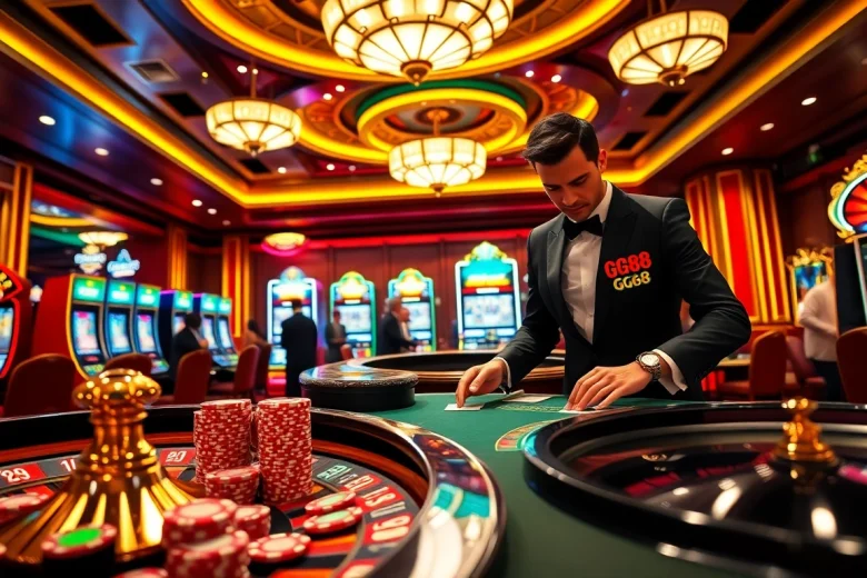 Players enjoying a thrilling game at GG88 casino with vibrant slot machines and poker tables.