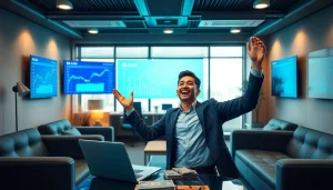 Celebrating the success of a BOX138 financial withdrawal of Rp 2.424.000,00 in a modern office.