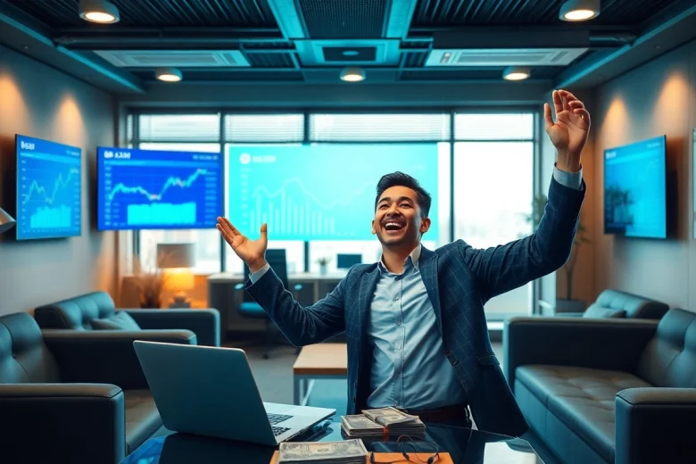 Celebrating the success of a BOX138 financial withdrawal of Rp 2.424.000,00 in a modern office.