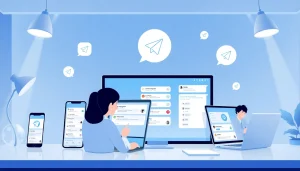 Telegram中文 messaging app interface displayed on multiple devices, showcasing its user-friendly and secure communication features.
