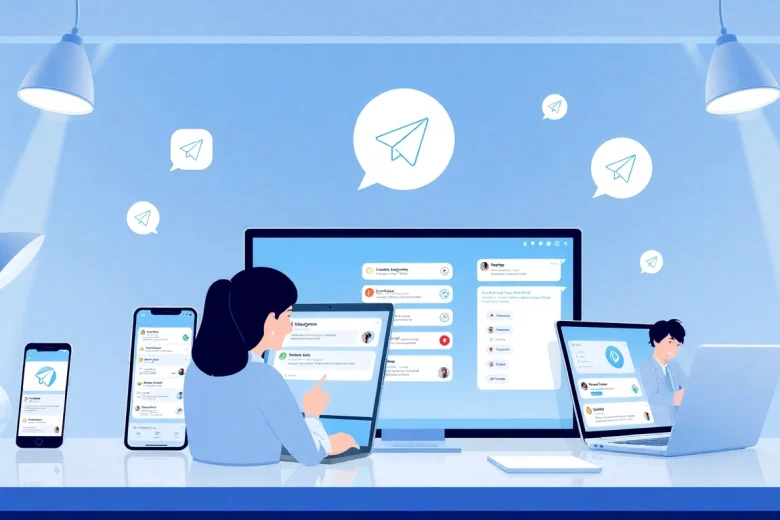 Telegram中文 messaging app interface displayed on multiple devices, showcasing its user-friendly and secure communication features.