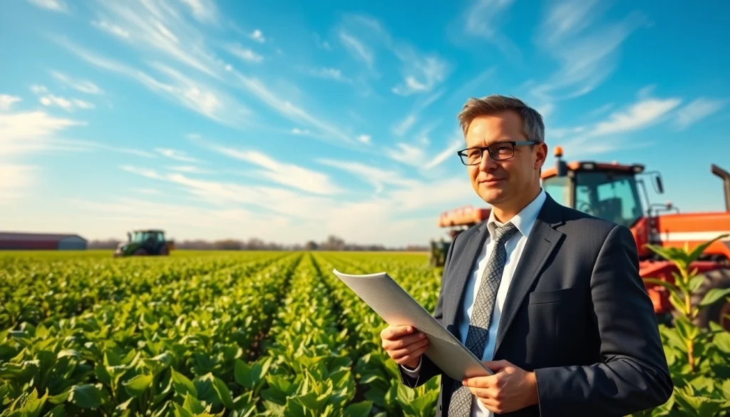 Agriculture lawyer consulting in a lush field, highlighting legal support in farming.