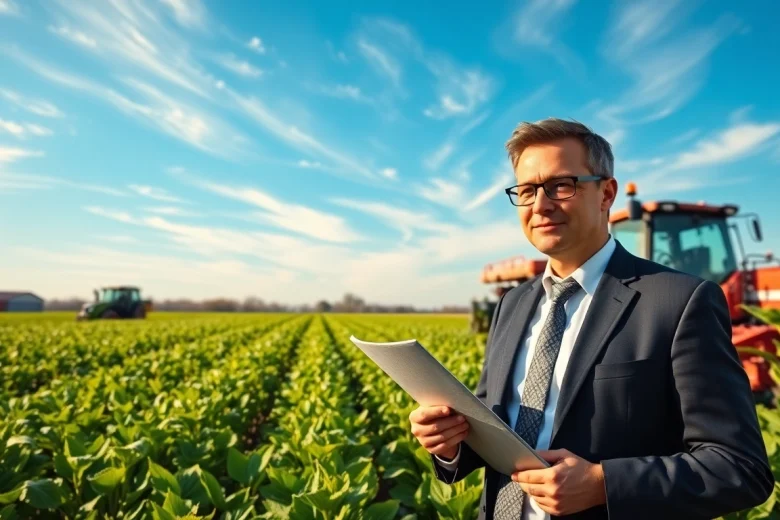 Agriculture lawyer consulting in a lush field, highlighting legal support in farming.