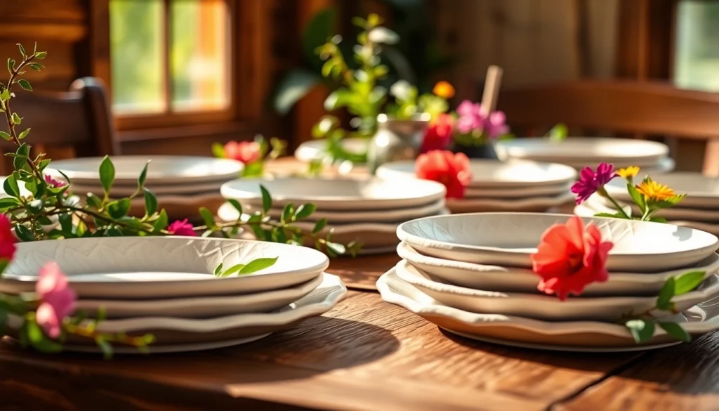 Showcasing compostable paper plates set elegantly on a wooden table with fresh flowers.