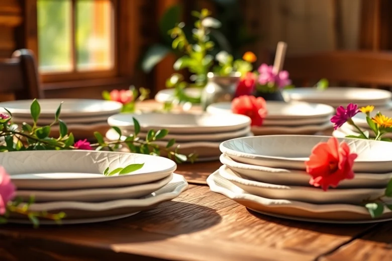 Showcasing compostable paper plates set elegantly on a wooden table with fresh flowers.
