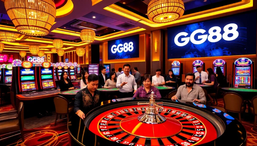 Experience thrilling action at GG88 casino with vibrant slot machines and a roulette wheel.